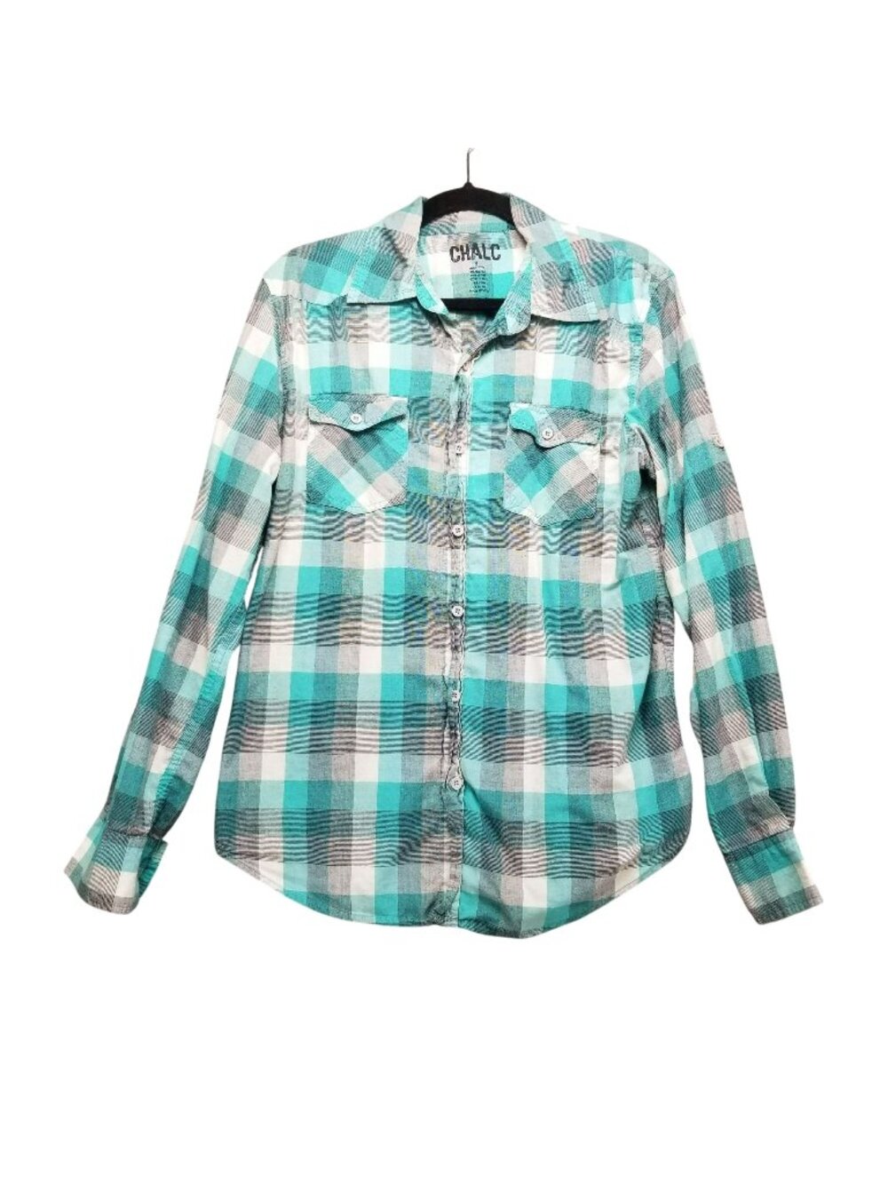 Chalc Shirt Mens Small Green Plaid Button Up Roll Tab Western Long Sleeve